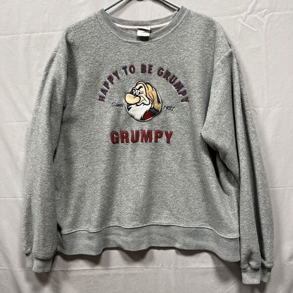 Disney Store Happy To Be GRUMPY Sweatshirt Mens L Large Gray Fuzzy Fleece Dwarfs - Picture 1 of 8